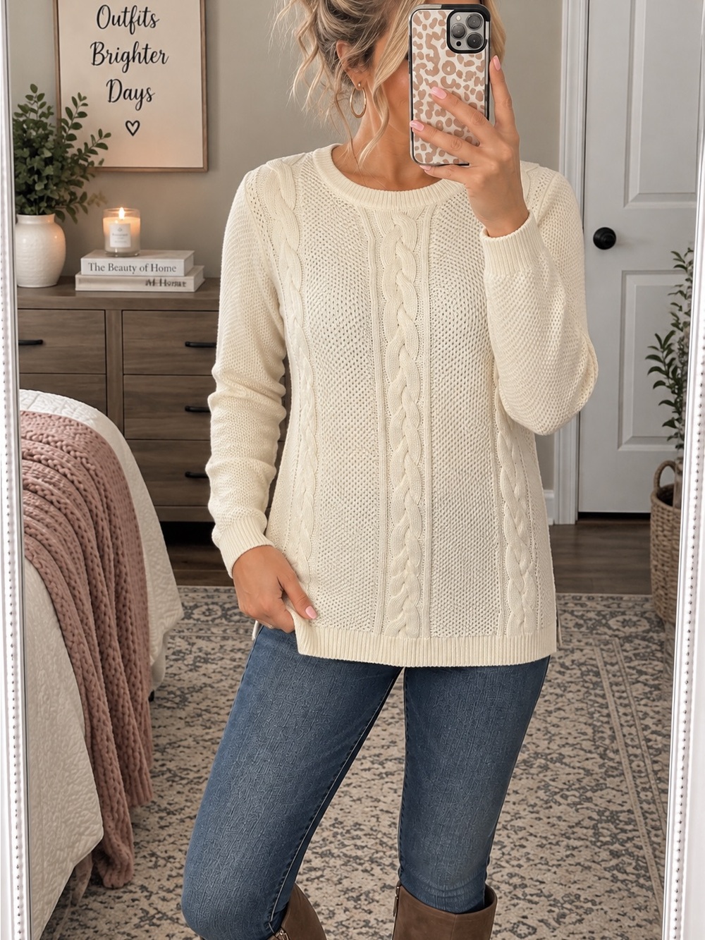 Talbots Petites Ivory Cable Knit Back Zip Sweater MP Cotton Blend